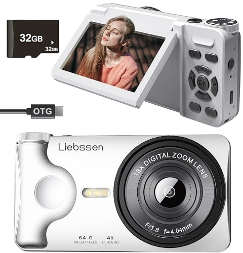 Liebssen Cámara Digital 4K UHD, Pantalla 3 Abatible 180°, 64MP Autofocus, Time-Lapse, Slow Motion, Redes sociales, Webcam, 32GB Portátil para Fotografía y Vídeo, Regalo para Niños y Principiantes