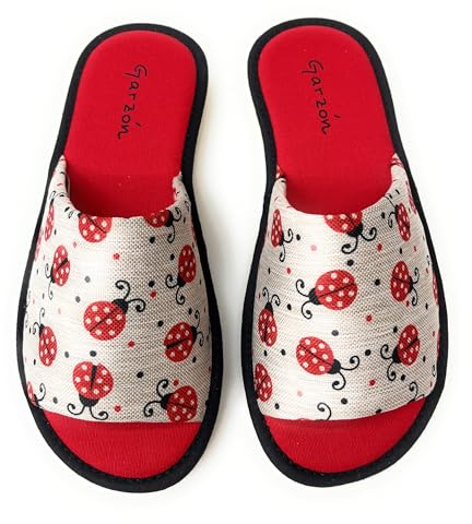 GARZON Garzón.Pantuflas Abiertas para Mujer, Diseño de Mariquitas Rojas,Zapatillas de Casa.Verano.Suela Especial Parquet.