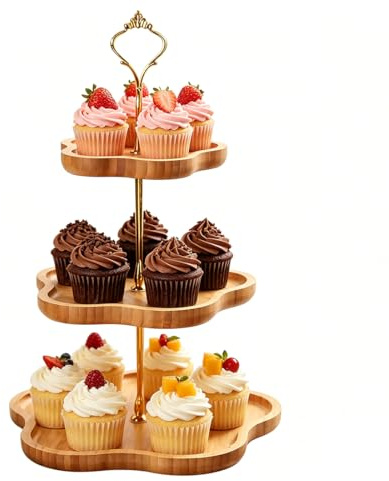 Etagere 3 våningar av bambu, cupcake-stativ 30 25 20 cm, tårtställ trä med metallhandtag, serveringsställ för muffins tårta frukt, bröllop födelsedagsfest dekoration, dessert presentation, rustik