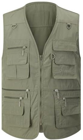 Gihuo Men's Fishing Vest Utility Safari Travel Vest with Pockets Outdoor Work Photo Cargo Fly Summer Vest (XX-Large, Army green)
