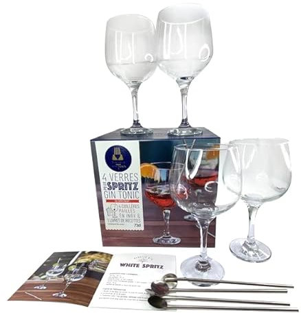 Lebrun Couverts - Coffret Spécial Spritz/Gin & Tonic - 4 Verres cocktails - 4 cuillères paille cocktail - Livre de Recette Inclus