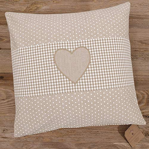 Kissen-Bezug in 40x40 cm für Deko-Kissen Sofa-Kissen - Baumwolle Kissen-Hülle LINA Herz weiß beige gepunktet kariert - Waschbarer Reißverschluss Zierkissen-Bezug für Couchkissen