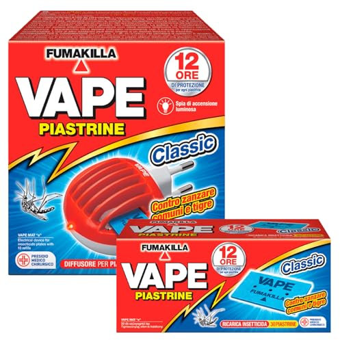 Vape Diffusore Elettrico a Piastrine con 10 Piastrine + 30 Piastrine di Ricarica Classic Repellente Antizanzara contro Zanzare Comuni e Tigre Presidio Medico Chirurgico