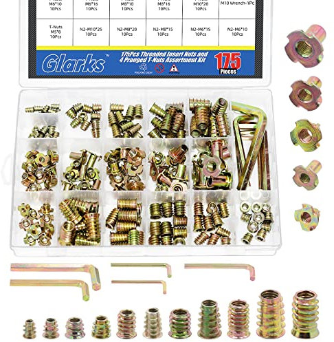 Glarks 175Pcs M4-M10 Threaded Insert Nuts Kit: 7 Sizes Hex Socket Screws, 6 Sizes T-Nuts, 4 Pronged Tee Blind Nuts, Hex Wrenches for Wood, Cabinet, Furniture