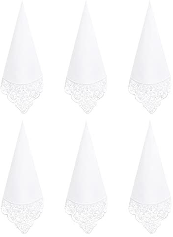 HOULIFE Stofftaschentücher Damen - Taschentuch Hochzeit, Stoff Taschentücher aus Gekämmte Baumwolle Weich Weiße Blumen Stickereien mit Spitzen, 3/6 Stücke, 43x43cm (6, Weiß 4)
