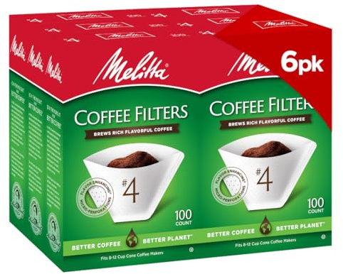 Melitta #4 Cone Coffee Filters, White, 100 Count (Pack Of 6), 600 Total Filters - Fits all 8-12 Cup Cone Coffee Makers and Pour-Overs, Compostable, Tear-Resistant, Made in USA
