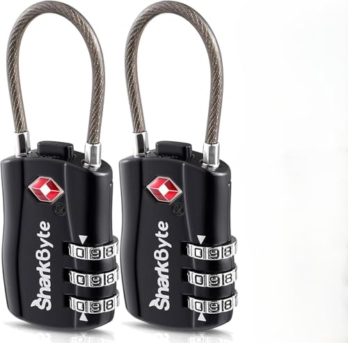 SharkByte Slim TSA Approved Luggage Locks, 3-Dial Security Travel Combination Padlock with Tags, Flexible Cable Wire Travel Lock, Suitcase Locks, Bag, Gym Locker, Small Padlock with Code (Pack of 2)