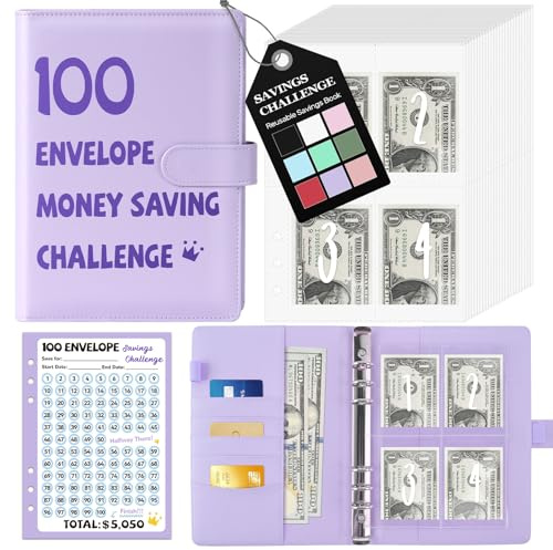 Fabmaker Carpeta de 100 sobres para ahorrar dinero, libro de desafíos de ahorro con 100 sobres y rastreador, carpeta de ahorros, ahorra $5050 de manera divertida y motivadora, kit de carpeta de