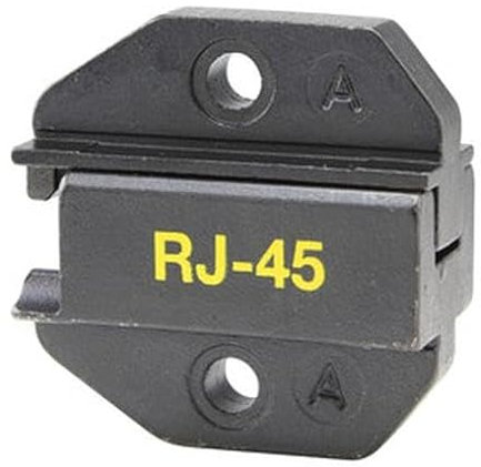 Accesorio para engastar módulos telefónicos RJ-45, compatible con estándares de red, ideal para instalaciones y reparaciones de cableado.