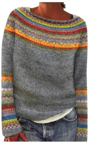 Jerseys Sueter Mujer Manga Larga Jersey Rayas Patchwork Jersey de Punto Cuello Redondo Casual Sweater Invierno Otoño Cómodo Jerséis para Mujer Suéter Camiseta Pullover