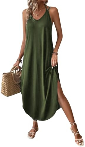 Chicrise Women Dresses Summer V-Neck Maxi Dress Sleeveless Loose Long Beach Sundress Split Casual