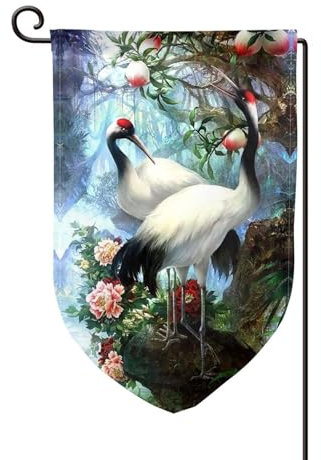 Chinesische Kraniche, Vögel, Pfirsichbaum-Druck, Kunst, Gartenflagge, Willkommensflagge, Gartenflagge, Dekoration, 31,8 x 45,7 cm