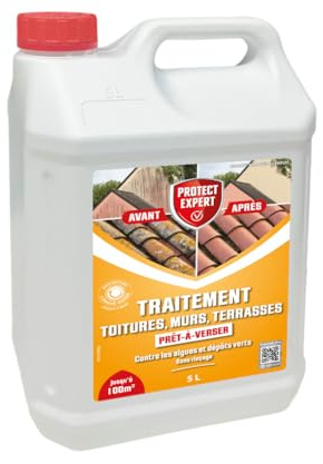 Protect Expert Traitement Terrasses Toitures & Murs - Contre Les Algues Lichens & Dépôts Verts - Prêt-À-Verser - 5L - Double Action - Préventif & Curatif AMTPB5N