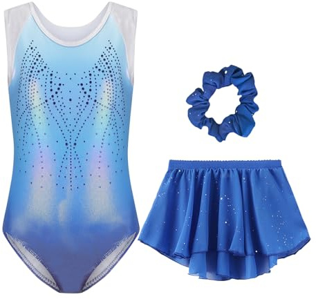 Happy Cherry Fille Justaucorps de Gymnastique Strass Tenue de Ballet Danse Body sans Manches avec Jupe Bandeau Leotard de Patinage Artistique pour Enfant 5-12 Ans