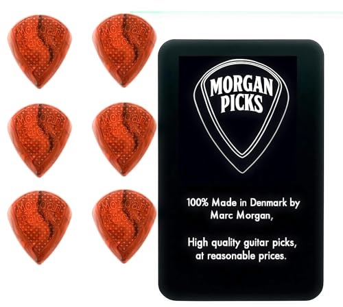 Morgan Picks MM1 - Púas de guitarra de tamaño mediano – Púas para guitarra con agarre fuerte y respuesta clara – Púa para tocar con precisión – Rojo/Negro – Fabricado en Dinamarca