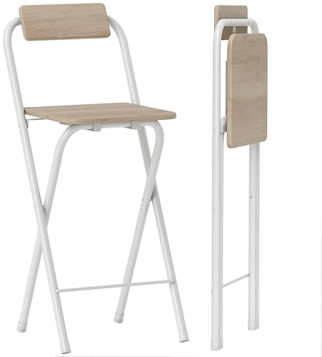 HOMCOM Set 2 Sgabelli Bar Pieghevoli, Sgabelli Cucina Alti con Schienale, Poggiapiedi, Struttura in Acciaio, Sedie Bar Alte, per Soggiorno, Sala da Pranzo, 37x45x87 cm, Color Legno