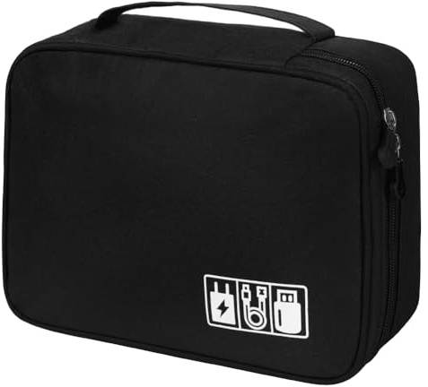 OFFCUP Resekabelorganiserare, Bärbar Väska för Elektronik, Universellt Reseaccessoar med Stor Kapacitet för iPad, Kablar, Laddare, Hårddisk, Powerbank, Spelkort, Svart, 24,5 x 18,5 x 10 cm