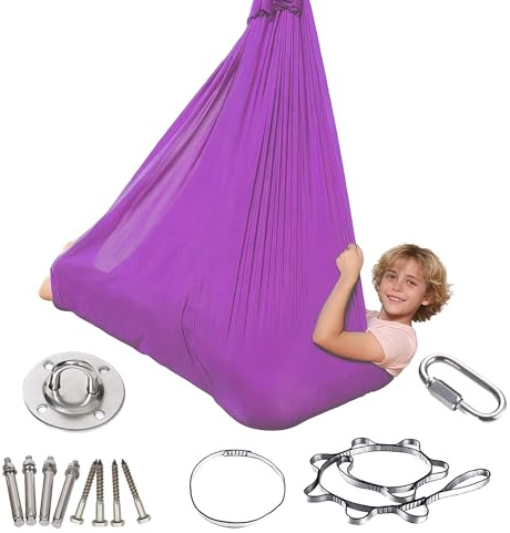 Aerial Yoga Hängematte Set mit Befestigungszubehör–Weiche Yoga-Schaukel für drinnen & draußen,Belastbar bis 150 kg,Komfortables Stretchmaterial (Lila)
