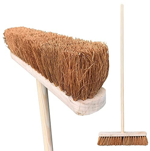 TDBS 18” Soft Natural Coco Indoor or Outdoor Broom, Large Sweeping Brush with Soft Bristle Broom Head and 120cm Long Wooden Broom Handle for Cleaning Dry Pathways, Gardens, Decking, and Block Paving