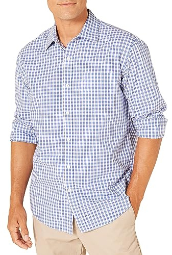 Amazon Essentials Men's Regular-Fit Long-Sleeve Casual Poplin Shirt, Blue Checks, M