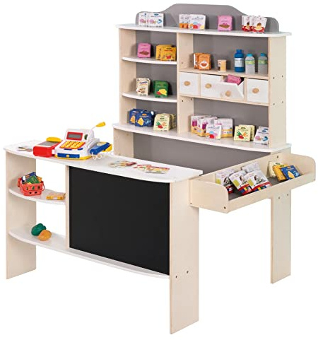 roba Negozio Giocattolo per Bambini - con 4 Cassetti, Lavagna, Bancone Frontale e Bancone Laterale - con Accessori Inclusi - Gioco Olistico - Legno Laccato Bianco/Grigio