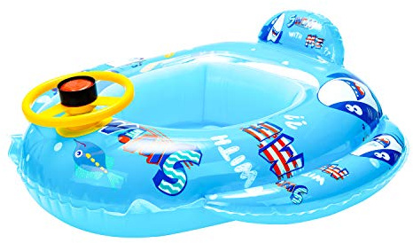 WATINC Baby Swimming Pool Float Blue Pool Float with Steering Wheel Inflatable Summer Baby Boys Girls Pool Toys Cartoon Swimming Ring for Kids Toddles Aged 9-36 Months