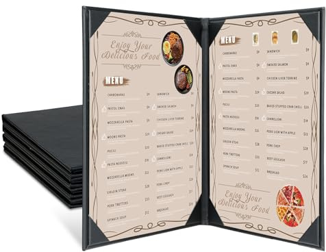 FLKQC Menu Covers 8.5 x 11 – 5 Pack 2 View Black PU Leather Restaurant Menu Holders, Double Panel with Angled Corners for Food Menus, Wine Lists & Drink Specials & Cocktail, Perfect for Parties