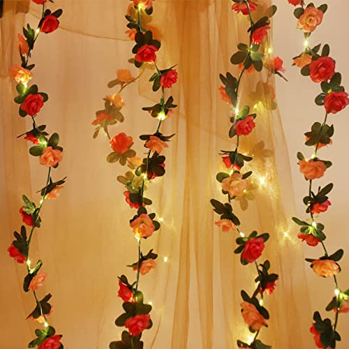 Fielegen 5 Meter 60 LED Flower Rose Vine String Lights, 2 Pack Battery Powered Artificial Rose Flower Garland Fairy Lights for Valentine Day Wedding Birthday Party Home Garden Indoor Bedroom Decor