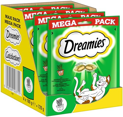 Dreamies Catnip Katzensnacks mit Minze – Traumhaft knusprige Taschen mit zarter Füllung im Mega Pack, 4 x 180g