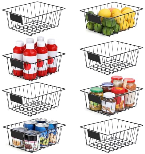 8 Pack Wire Storage Baskets for Organizing with Removable Tags, Pantry Organization Bins for Kitchen Cabinets, Closet - Metal Basket for Laundry, Garage, Refridge, Bathroom Countertop Organizer, Black