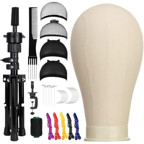 SZCY LLC 23 inch Canvas Block Wig Head with Wig Stand Tripod,Manikin Head Block Set for Wigs Making Display