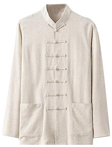 ZHOUXIAO Bequeme Tang Anzug Kampfsportanzug Männer Chinesische traditionelle Kleidung, atmungsaktive Baumwollwäsche Kung Fu Uniformen Tai Chi Kleidung Langarm Hemd Beige-2XL