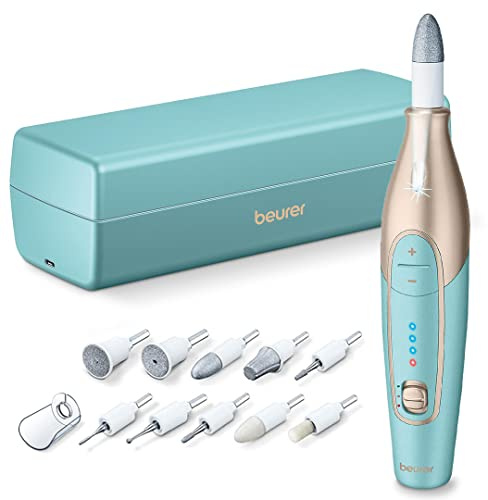 Beurer MP84 Professional Manicure & Pedicure Nail Drill Kit, 14-Piece Cordless Electric Nail File with 10 Attachments, LED Light, Adjustable Speed, Charging Storage Case