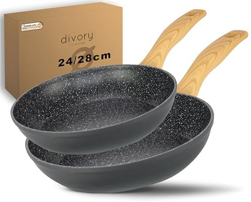 DIVORY Pfannenset 2-teilig Pfanne 24cm, 28cm Induktion – Antihaft Beschichtete große Universalpfanne für alle Herdarten - Sichere Griffe, Spülmaschinen geeignet (Griff: Helle Holzoptik)