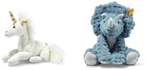 Steiff Unica Schlenker Einhorn weiß liegend 27 cm & Soft Cuddly Friends Dixi Triceratops Petrol 28 cm, Dinosaurier Kuscheltier aus kuschelweichem Plüsch