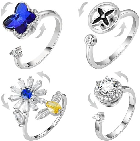 Angst Fidget Spinnringe Stimmungsring - 4PCS Anti-Stress-Ring Verstellbarer Stimmungsring, Rotierender Schmetterling Bienenblume Klee Zirkonring, Angstlinderungsringe Geschenke für Frauen Männer