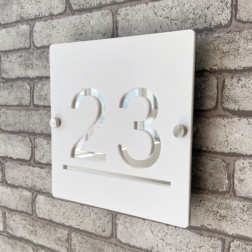 Placa de Número de Casa Personalizada 3D en Acrílico Blanco y Plateado, Números Flotantes con Dirección, Placa para Puerta Interior y Exterior, Ideal para Hogar, Hotel, Apartamento, Tienda