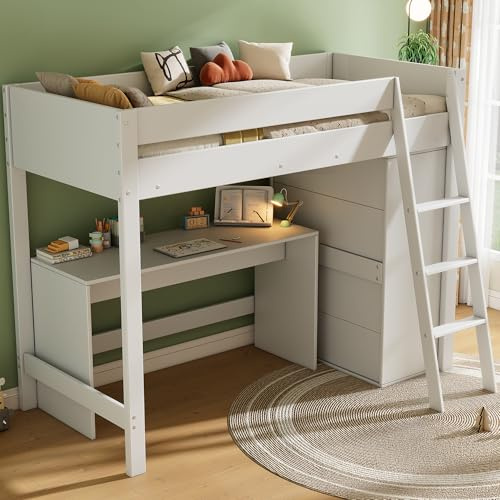 90 x 200 cm cama alta multifuncional con escalera con escritorio, con armario, combinable, sin colchón, madera maciza, color blanco