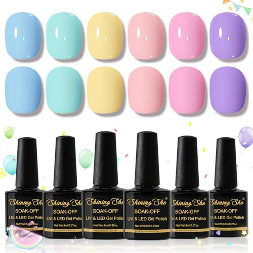 Shining She Gel Nail Polish Pastel, 6 Colours Blue Yellow Pink Purple Macaron Candy Gel Polish, Spring Summer Nail Polish Soak-Off UV/LED Gift for Women Nail Art Salon DIY Home, 8ML