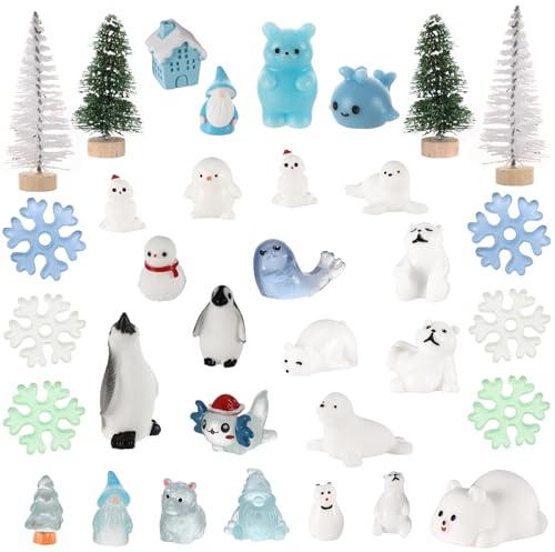 Xialvyu 34 Stück Miniatur Figuren Winter Set, Winter-Mini-Tierfiguren Winzige Enten Schneemann Bären und Elchfiguren aus Kunstharz, Modell-Ornamente für Bastelarbeiten Heimwerker