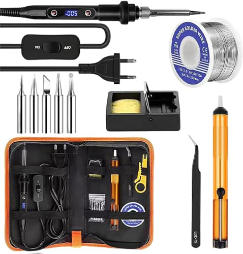 80W Lötkolben Set mit LCD-Display - Temperatur einstellbar 180-500°C mit Ein/Aus-Schalter - Komplettes Set inkl. 5 Lötspitzen, 50g Lötdraht, Entlötpumpe, Ständer, Pinzette für Elektronik & DIY