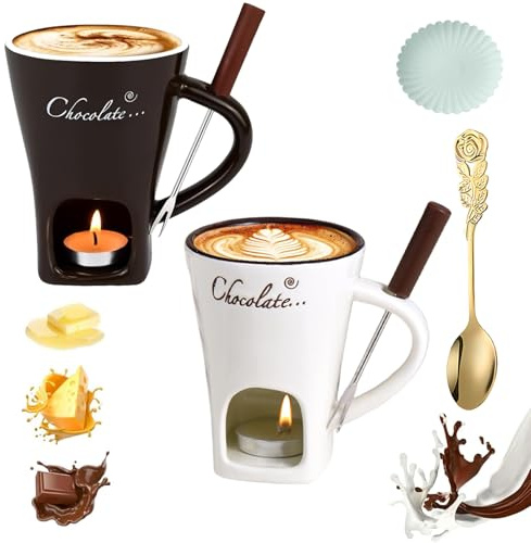 NNBWLMAEE Chocolate Fondue Mug Set, Ceramic Cheese Melting Cup with Fork and Tea Candle, Handcrafted Fondue cup, Tea Light Heating Butter Warmer, for Cheese Chocolates Butter (2pcs-3,with Candle)