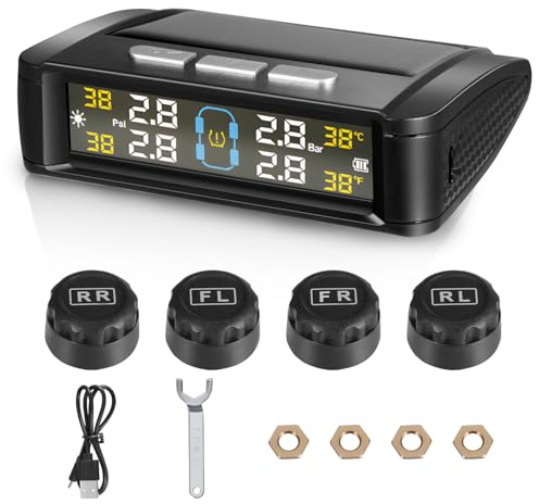 VIHBRAI TPMS Système de contrôle de la pression des pneus 4 x Capteur de pression des pneus externe Système de surveillance de la pression des pneus sans fil à énergie solaire Charge solaire/USB avec