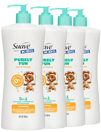 Suave Kids Purely Fun 3 in 1 Shampoo, Conditioner & Body Wash with Oat & Honey, Tear-Free, Hypoallergenic, Gentle Hair Care for Kids with Sensitive Scalps, 4 Count, 28 FL OZ
