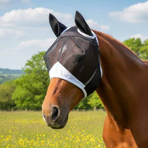 MIRJXB Máscaras de mosca para caballos, máscara de mosca para caballo, protección contra moscas para pastoreo al aire libre y equitación en climas cálidos, ajuste cómodo para caballos