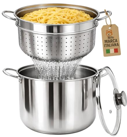 AKITAInk Bollipasta Inox 22 cm con Cestello Estraibile, Pentola per Pasta con Coperchio in Vetro Temperato e Fondo Termodiffusore