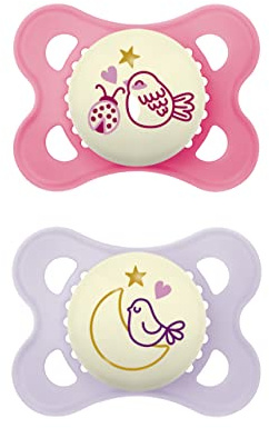 MAM Original Night - Juego de 2 tetinas, luminosas, respetuosas con los dientes, de materiales duraderos y biorrenovables, con caja de chupete para bebés de 0 a 6 meses, diseño de pájaro y luna