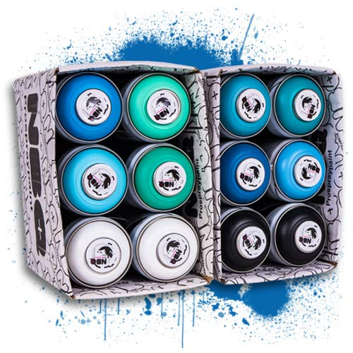NBQ Pack de pintura en aerosol mate para restauración de la calle DYV Graffiti baja presión (12, negro, blanco, azul)
