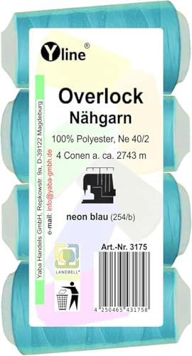 Overlock 3175 - 4 bobine di filo da cucito, blu fluo, a 2743 m, NE 40/2, 100% poliestere, filo per macchina da cucire, filo per macchina da cucire (0,01 €/10 m)