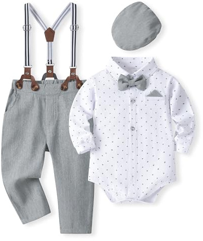 Volunboy Bebé Niño Caballero Conjunto, Cuadros Camisa con Pajarita + Tirantes Pantalones 4 Piezas Traje Ropa(6-9 meses,Tamaño 66,Grisdots)